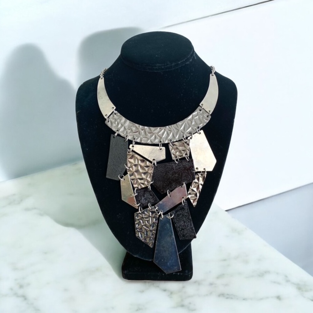 Multi-tone Hammered Metal Black and Silver Statement Necklace